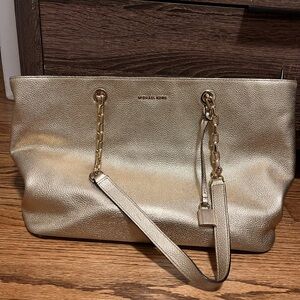 Michael Kors Gold Metallic Leather Tote with Chain-Strap Detail